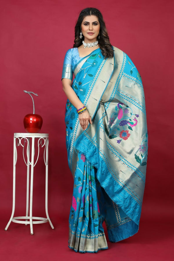 Jyoti Fashion Women's Sky Blue Paithani Silk Zari Woven Saree with Blouse - Distacart