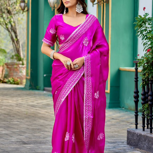 Vastranavya Pink Embroidery Work Shimmer Chiffon Saree with Unstitched Blouse
