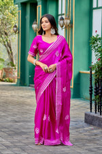 Thumbnail for Vastranavya Pink Embroidery Work Shimmer Chiffon Saree with Unstitched Blouse