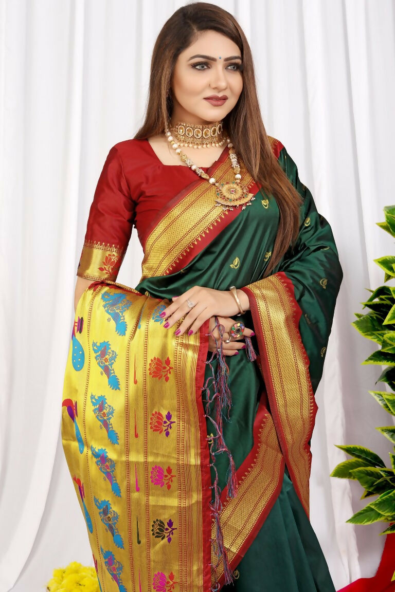 Jyoti Fashion Women's Bottle Green Paithani Silk Zari Woven Saree with Blouse - Distacart