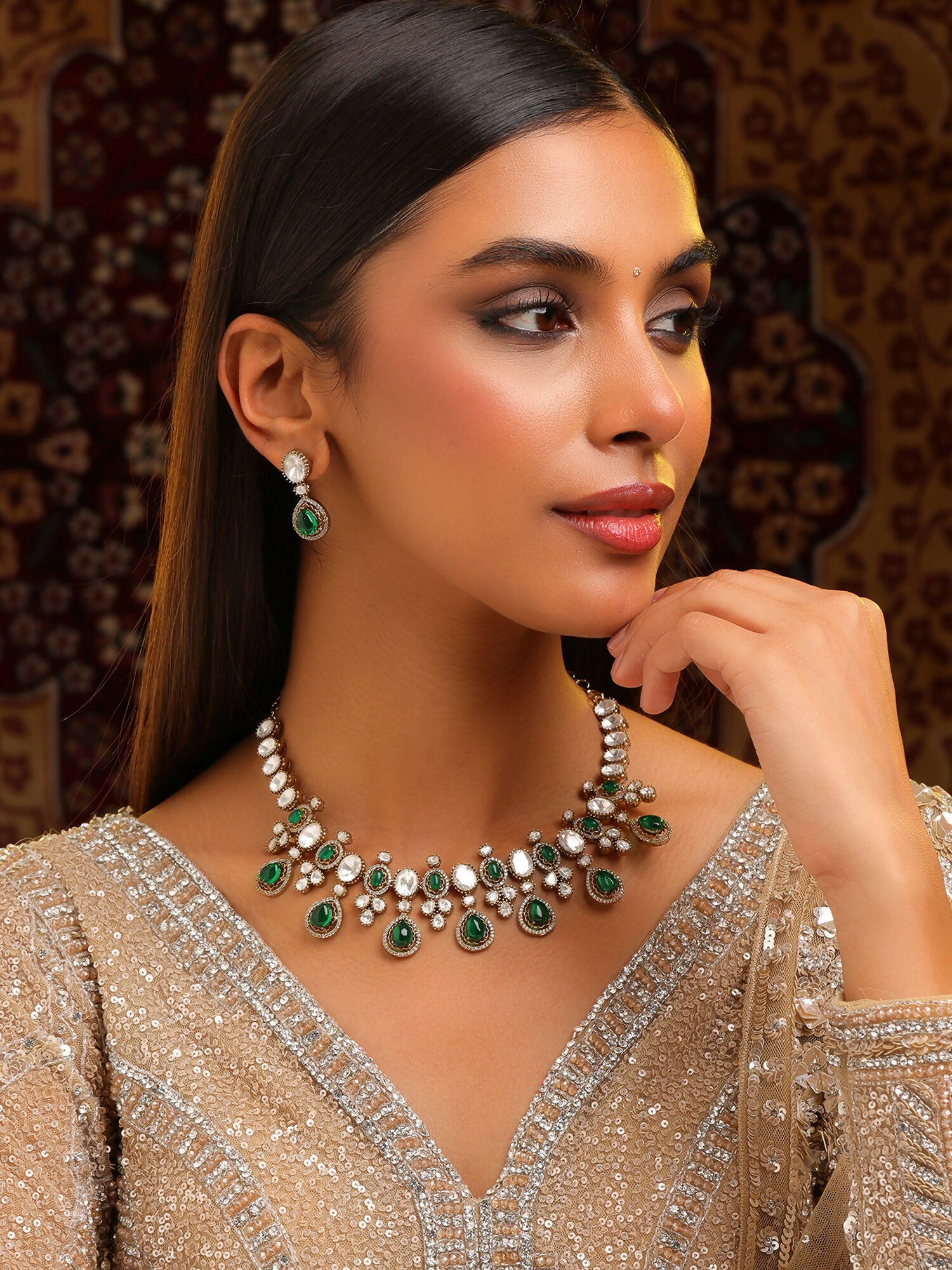 Ruby Raang Green Stone Kundan Work Necklace And Matching Earrings - Distacart