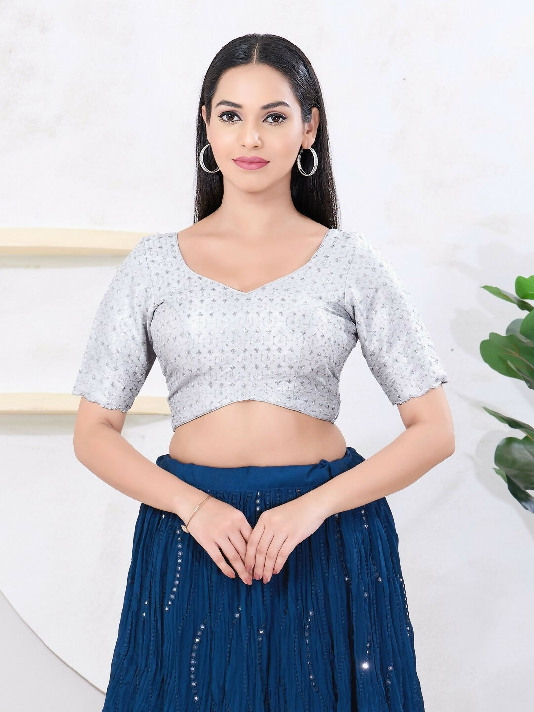 Joban Fashion Silver Tissue Elbow Sleeveless Back Open Blouse