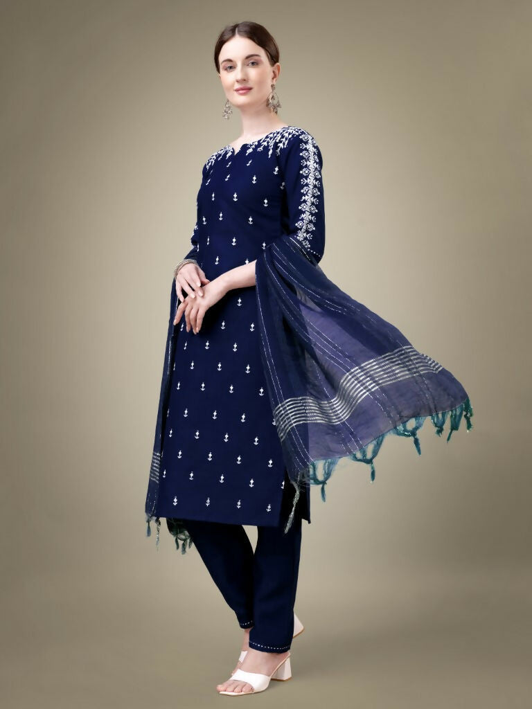 Jyoti Fashion Women's Navy Blue Cotton Blend Embroidery & Sequence work Kurta with Trouser & Dupatta - Distacart