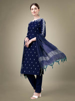 Thumbnail for Jyoti Fashion Women's Navy Blue Cotton Blend Embroidery & Sequence work Kurta with Trouser & Dupatta - Distacart