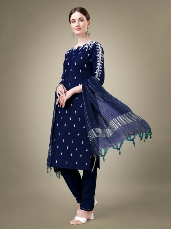 Jyoti Fashion Women's Navy Blue Cotton Blend Embroidery & Sequence work Kurta with Trouser & Dupatta - Distacart