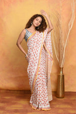 Thumbnail for Very Much Indian Handblock Printed Cotton Saree With Natural Dyes - White Peach - Distacart