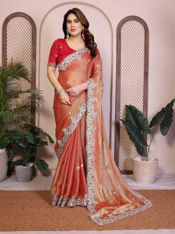 Teeya Creation New Womens Latest Party Wear Soft Chiffon Silk Saree-Peach - Dista
