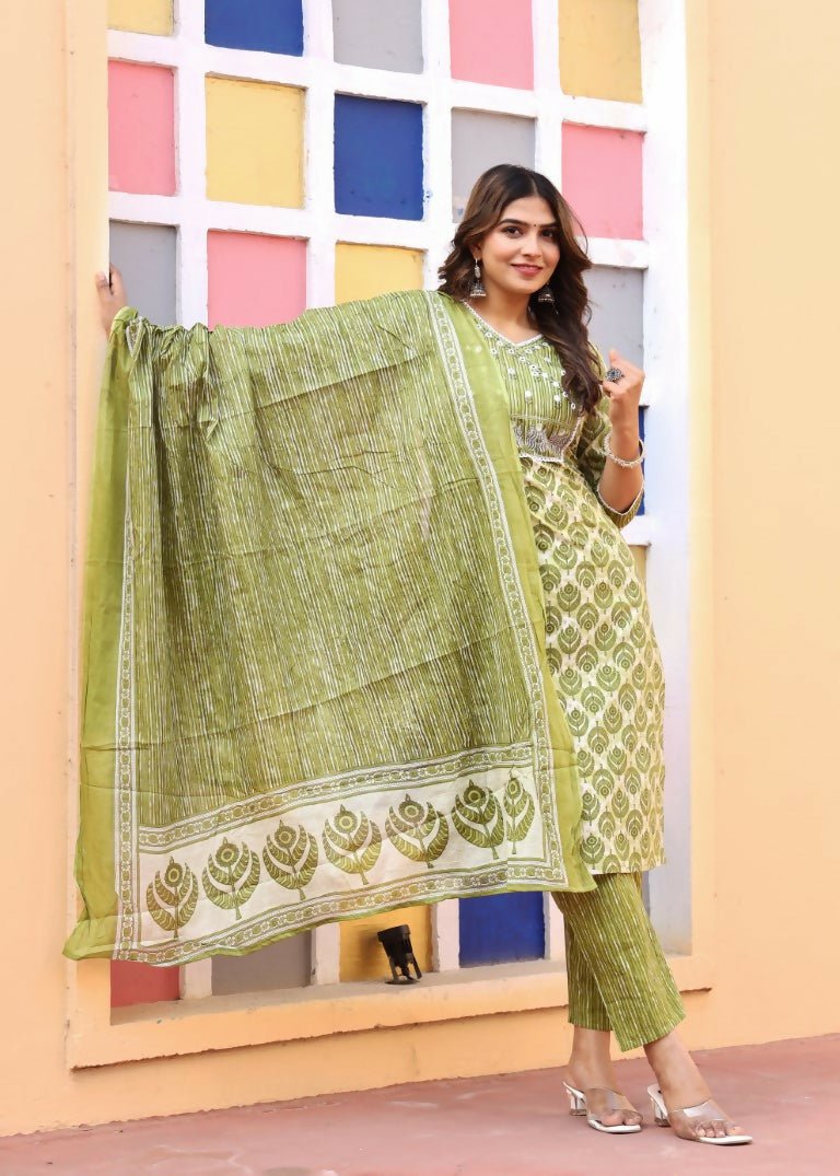 Alvano Printed 3Pcs Straight Kurti with Pant and Dupatta set for women and Girls Rayon (Light Green) - Distacart