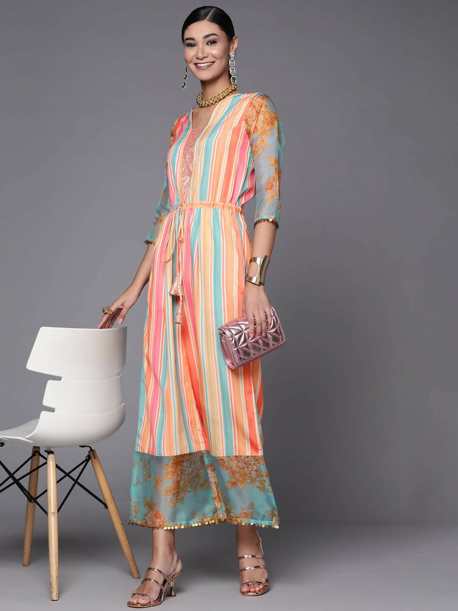 Ahalyaa Coral Orange & Blue Candy Striped Basic Jumpsuit - Distacart