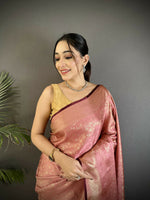 Thumbnail for Joban Fashion Dusty Pink  Floral & Paisley Motifs Soft Satin Silk Banarasi Saree - Distacart