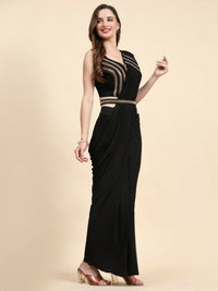 Thumbnail for Black Polyester Solid Ready to Wear Saree with stitched Blouse - Nita - Distacart