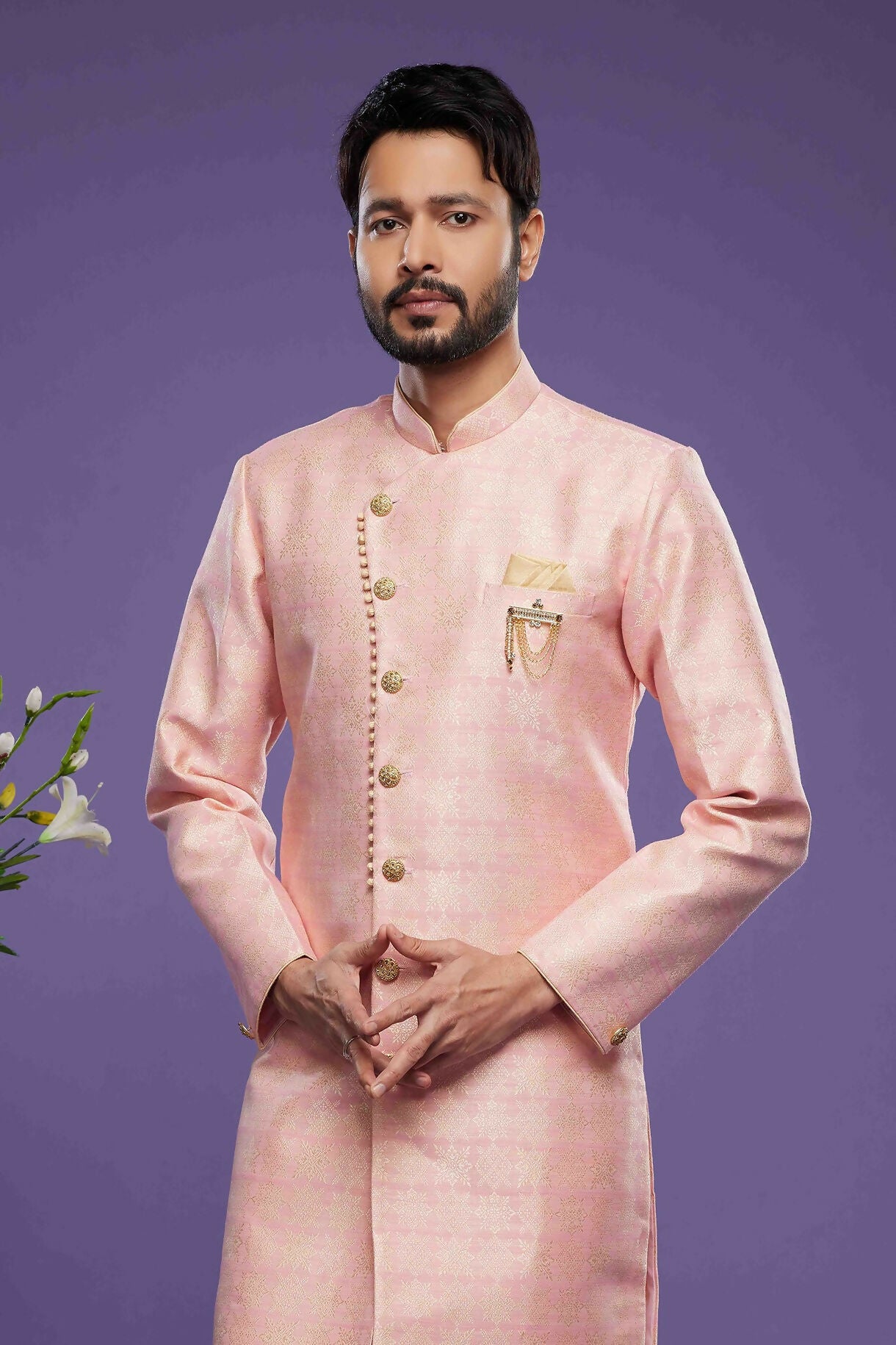 Raivat Ethnic Banarasi Jacquard Embroidery Semi Indo Western Sherwani In Pink Colour