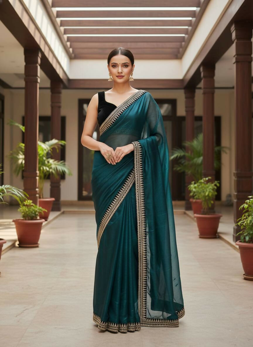 Joban Fashion Petrol Soft twill Net Party Wear Sarees - Distacart