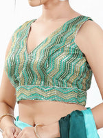 Thumbnail for Joban Fashion Green Multi Silk Padded Blouse With V Neck Sleeveless - Distacart