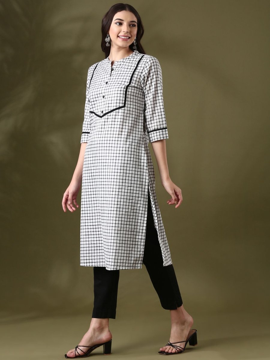 Anouk White Checked Mandarin Collar Pure Cotton Straight Kurta - Distacart