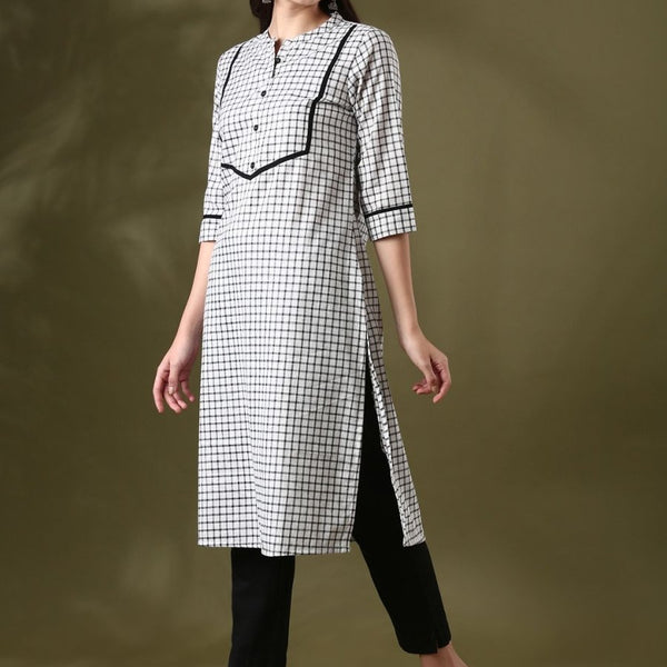 Anouk White Checked Mandarin Collar Pure Cotton Straight Kurta - Distacart