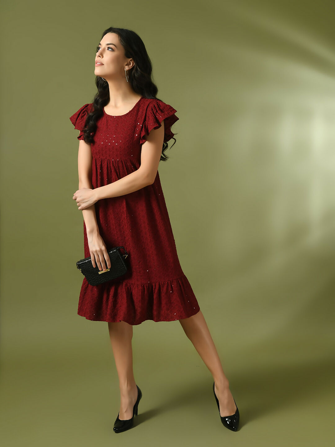 Myshka Women's Maroon Embroidered Cotton Round Neck A-Line Party Dress - Distacart