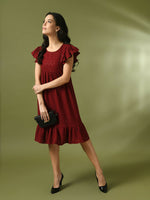 Thumbnail for Myshka Women's Maroon Embroidered Cotton Round Neck A-Line Party Dress - Distacart