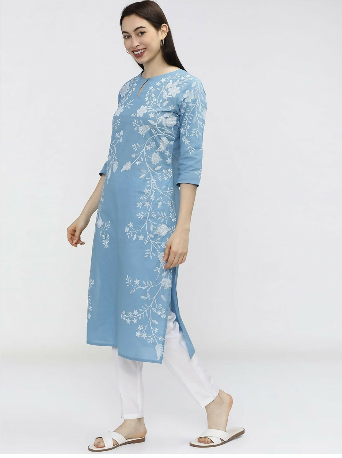 Cheera Women Stylish Hand Block Printed Cotton Blend Flared Kurta - Sky Blue - Distacart