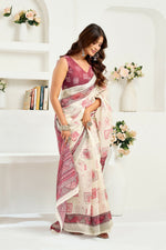 Thumbnail for Vastranavya White Maroon Digital Printed Linen Ready To Wear Designer Saree with Unstitched Blouse - Distacart