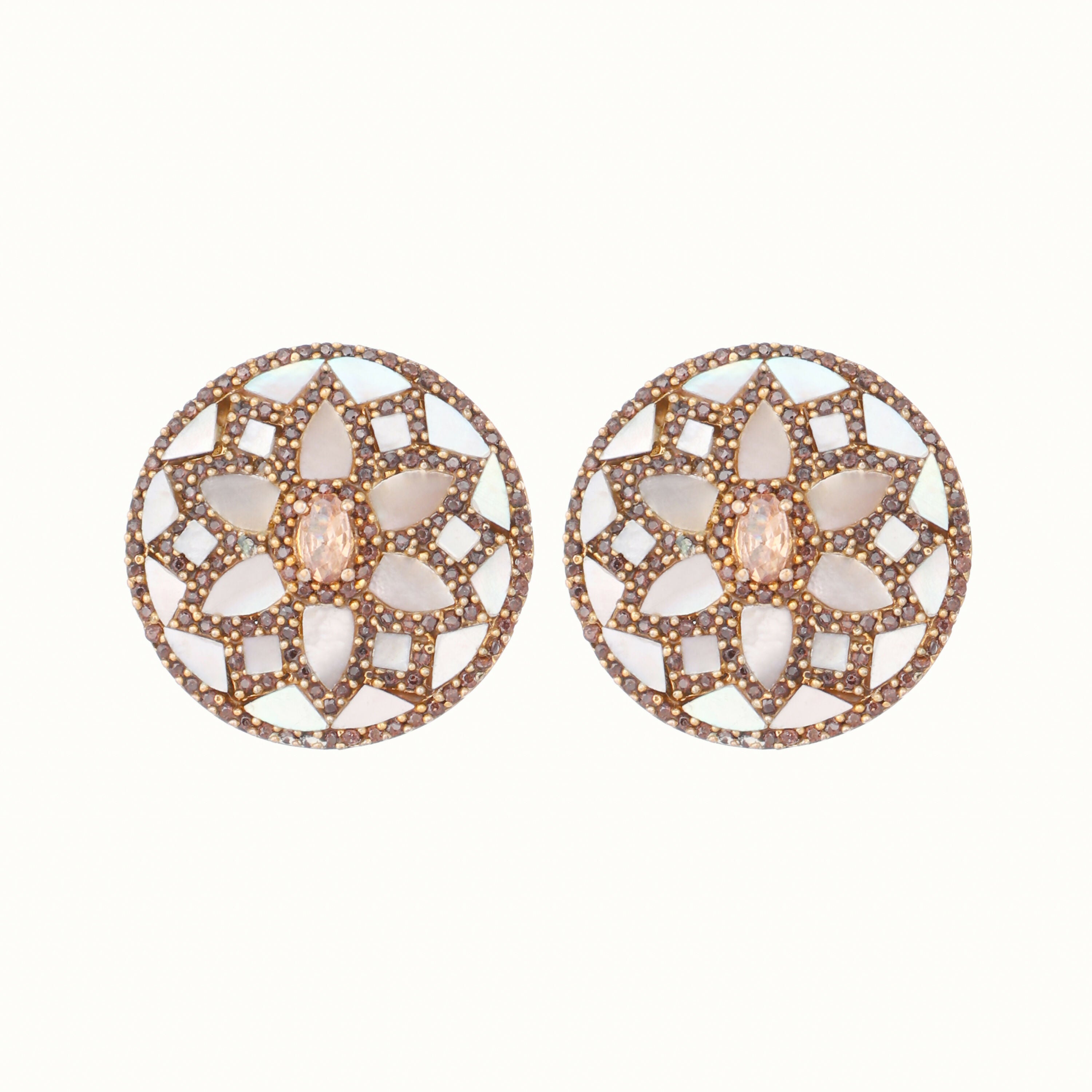 Nuyug 22K Gold Plated Mother of Pearls and Stone Studded Contemporary Floral Shaped Studs
