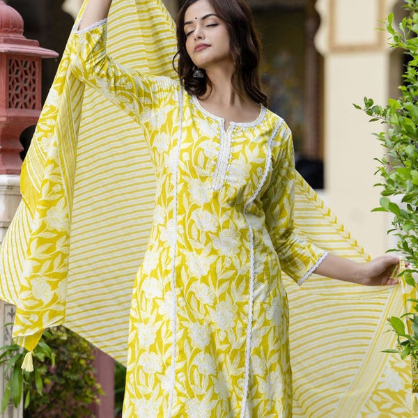 Anouk Floral Embroidered Regular Pure Cotton Straight Kurta with Trouser & Dupatta - Distacart