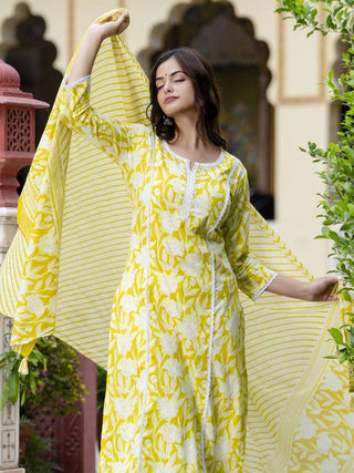 Anouk Floral Embroidered Regular Pure Cotton Straight Kurta with Trouser & Dupatta - Distacart