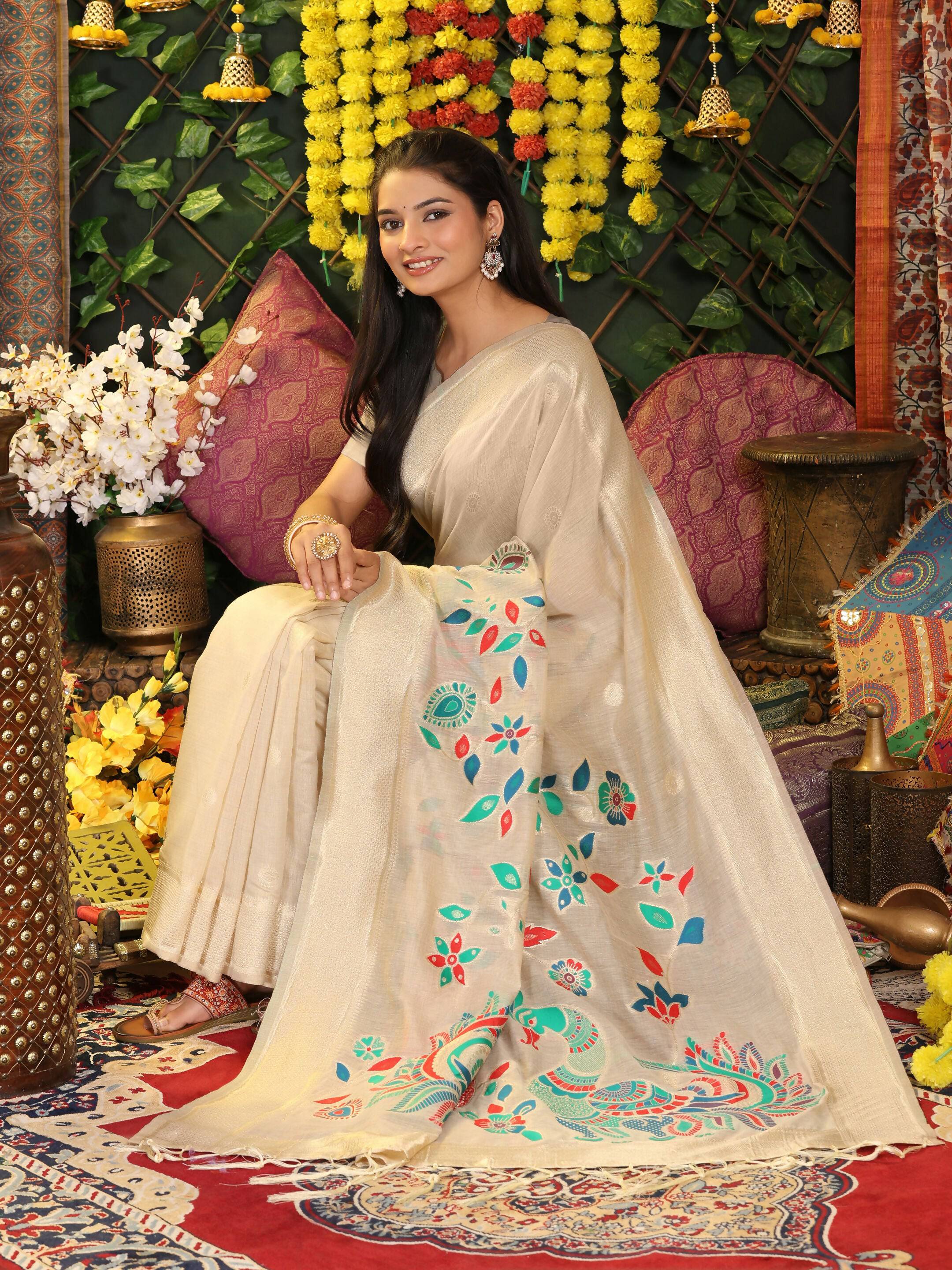 Astita Linen Cotton Cream Saree