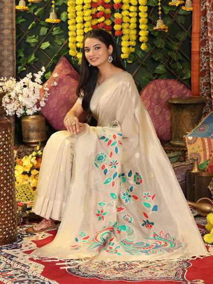Shree Shyam Fashion Linen Cotton Cream Saree - Distacart