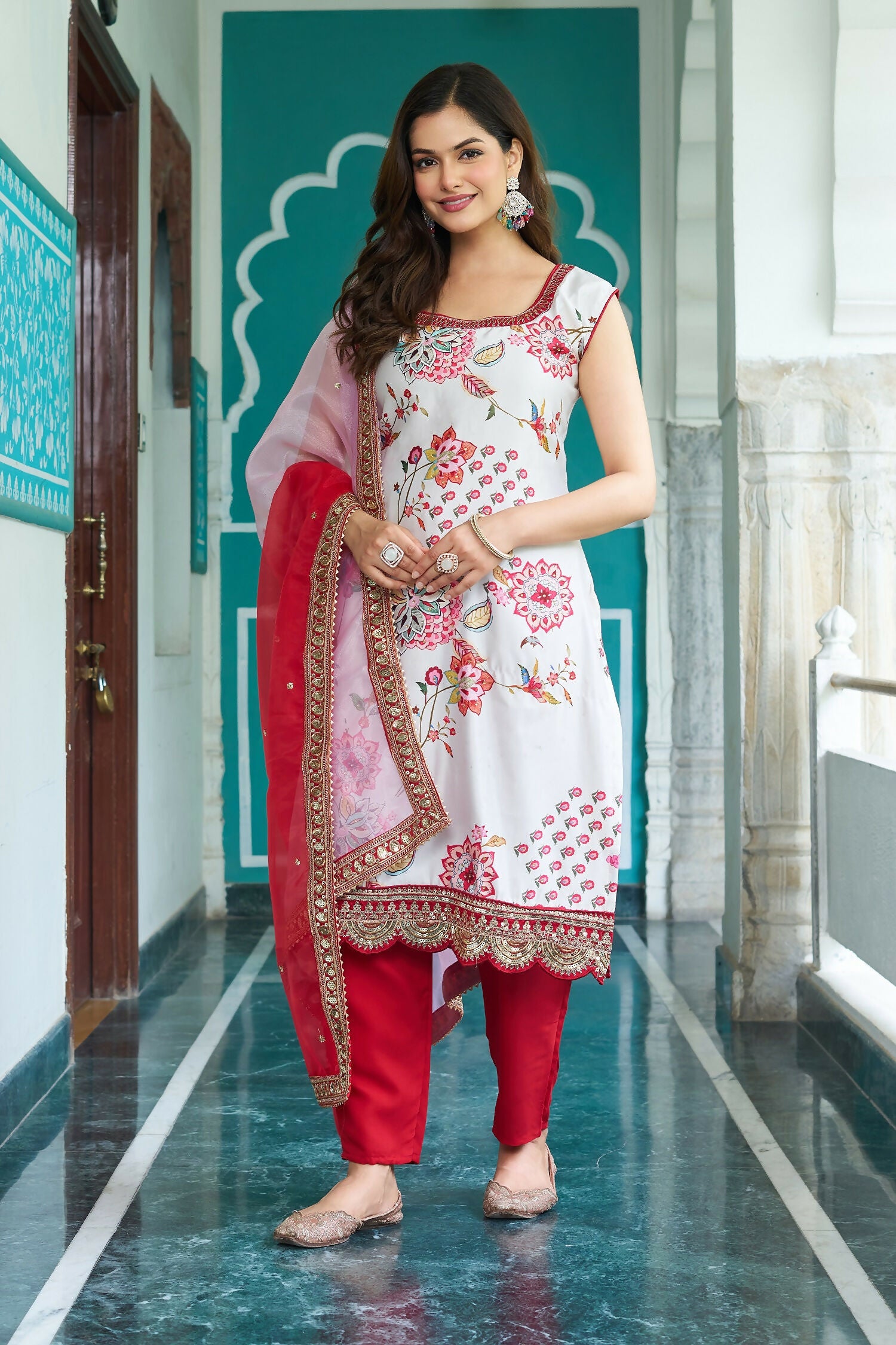Joban Fashion White Georgette Embroidery Sequence Work Readymade Kurta Set - Distacart