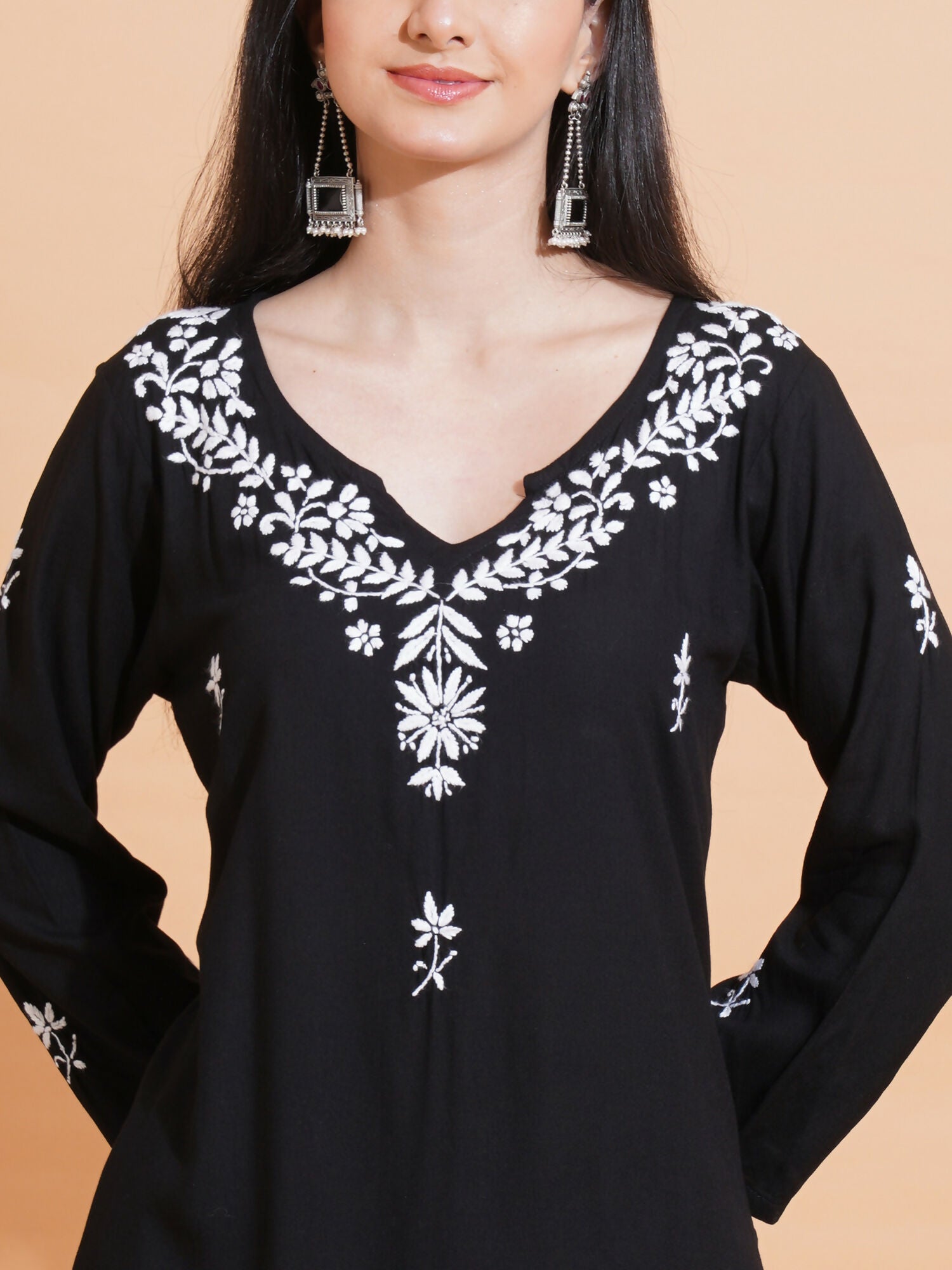 Pahnaz Luxury Rayon Chikankari Long Kurti-Black - Dista