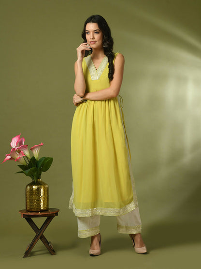 Myshka Women's Yellow Solid Georgette Anarkali Party Kurta Set - Distacart