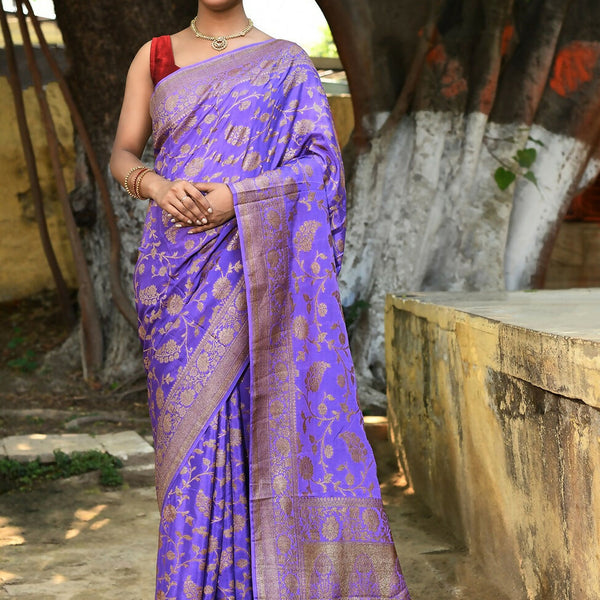 Joban Fashion Dark Lilac Crepe Chiffon Pure Handloom Banarasi Silk Saree
