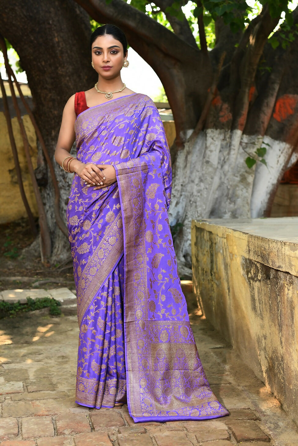 Joban Fashion Dark Lilac Crepe Chiffon Pure Handloom Banarasi Silk Saree - Dista