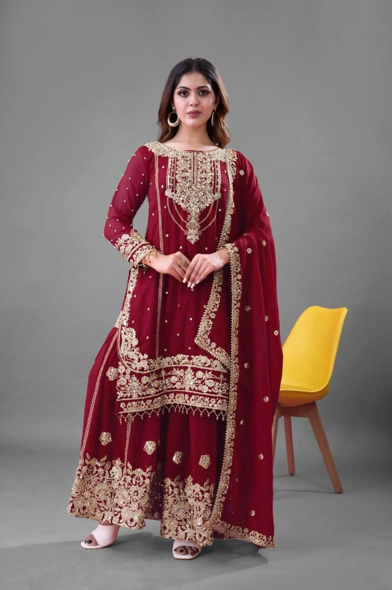 Teeya Creation Red Color Faux georgette Embroidery Work Sharara Set