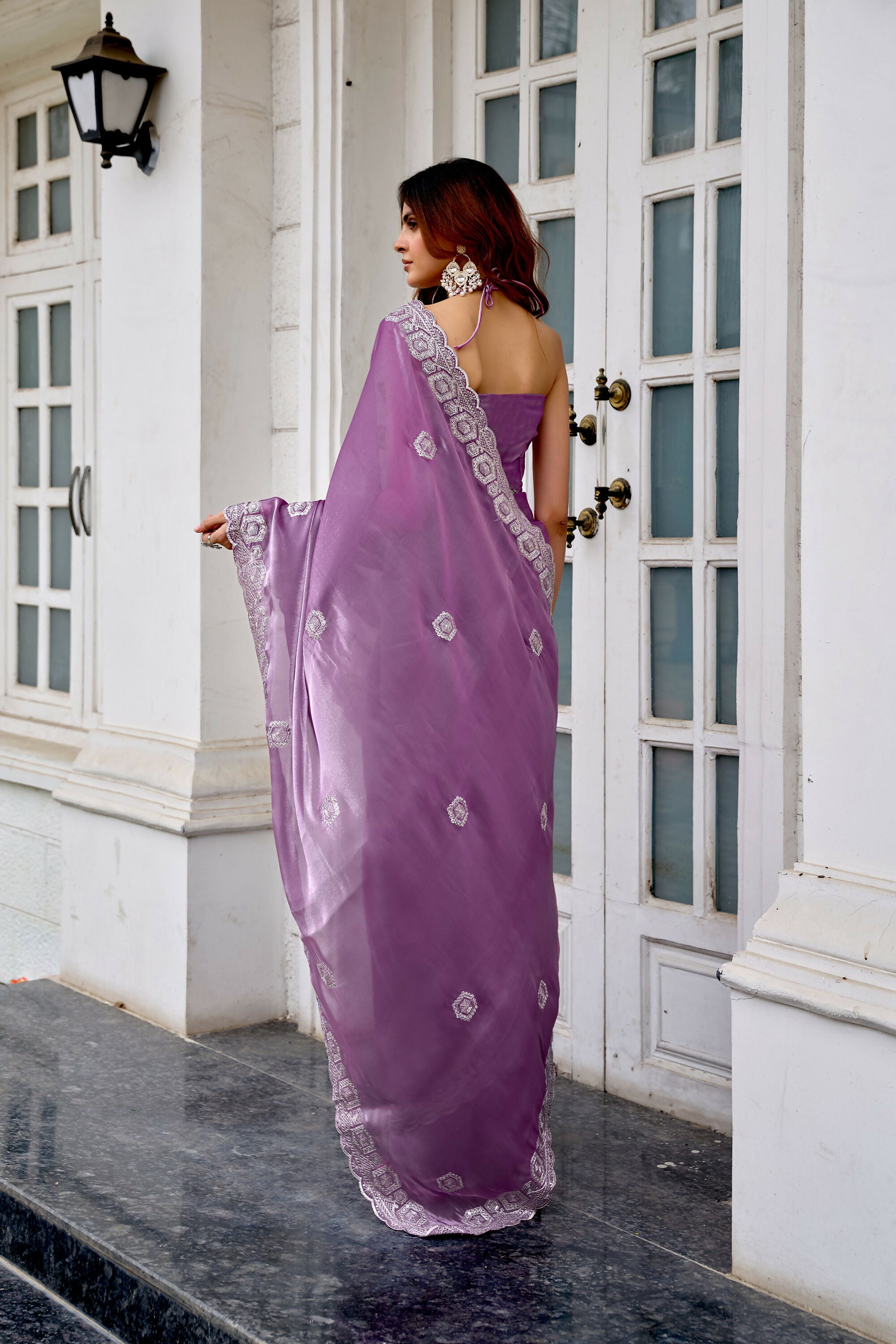 Vastranavya Lavender Embroidery Work Shimmer Chiffon Saree with Unstitched Blouse