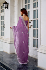 Thumbnail for Vastranavya Lavender Embroidery Work Shimmer Chiffon Saree with Unstitched Blouse