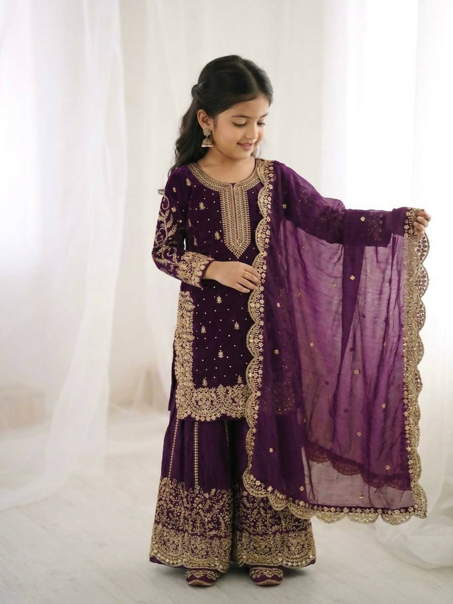 Teeya Creation Girls Heavy Embroidery Ethnic Kurta And Palazzo Set With Net Dupatta - Dista