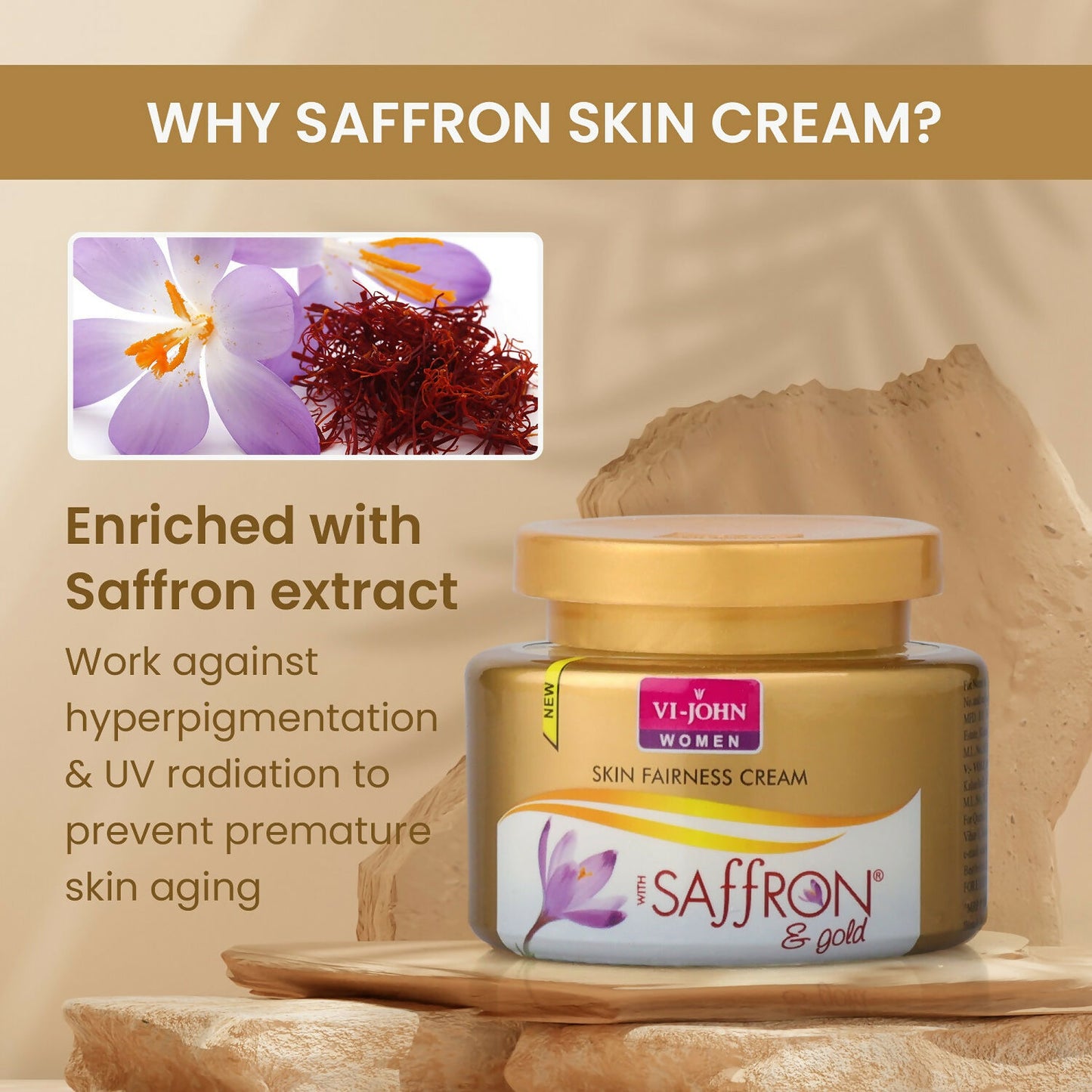 VI-JOHN Saffron Gold Skin Fairness Cream with Vitamin E & Mulberry Extracts - Distacart