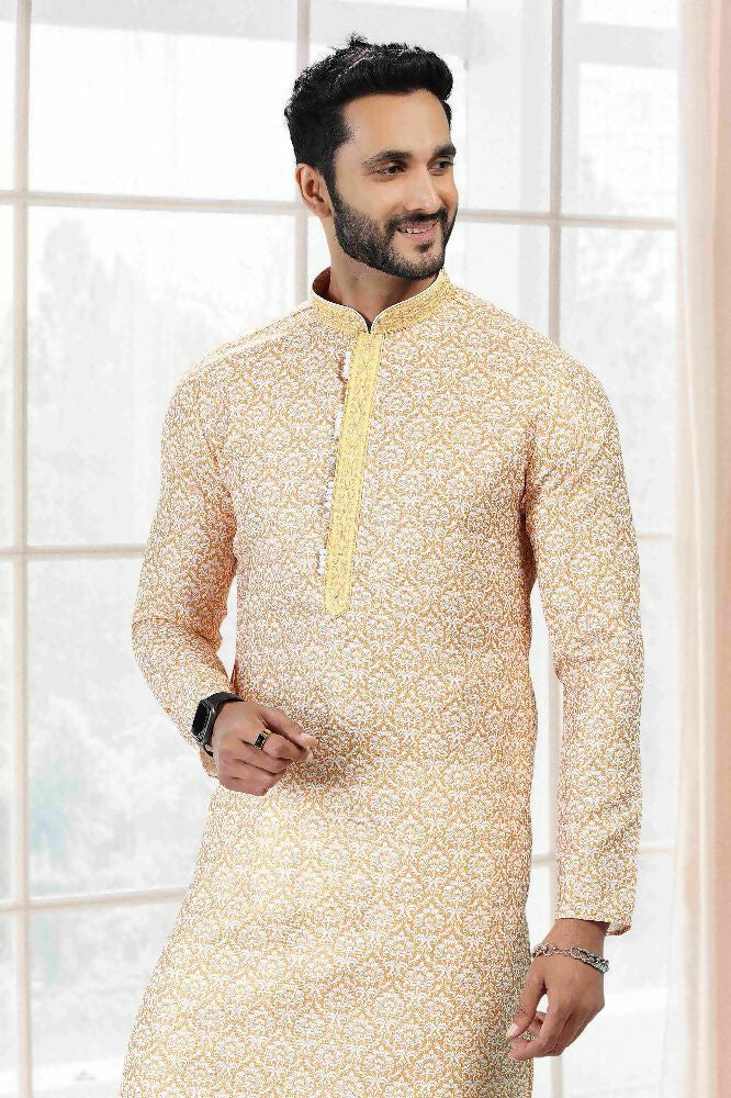 Raivat Ethnic Cotton Thread Work Kurta Pajama In Yellow Colour - Dista