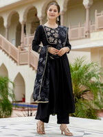 Thumbnail for The52 Black Women's Beautiful Embroidered work Chinon Fabric with Flared Kurta, Pant and Dupatta Set - Distacart