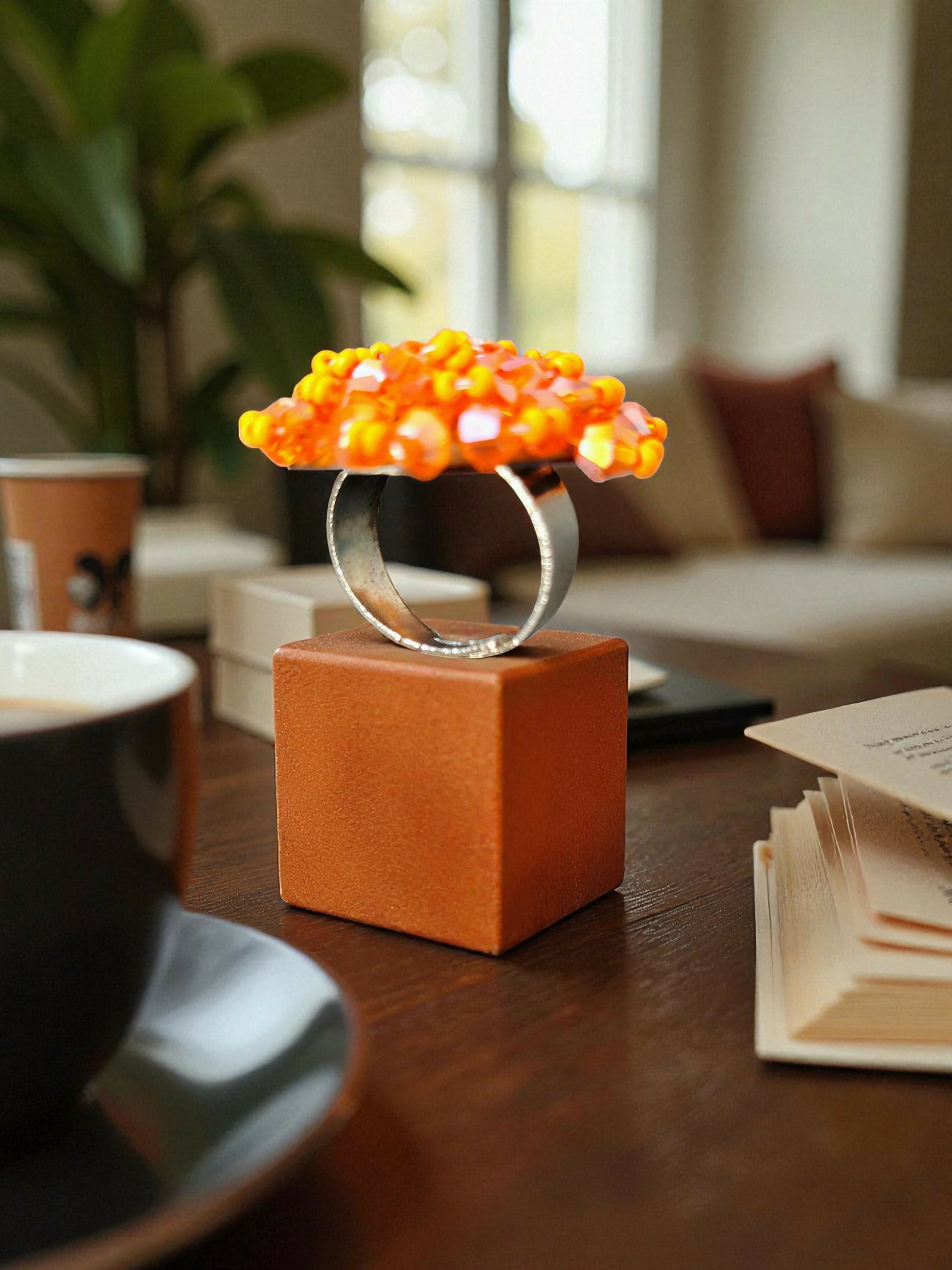 Inhanns Rang-E-Roshan Adjustable Ring – Handmade Crystal Statement Ring - Orange - Distacart
