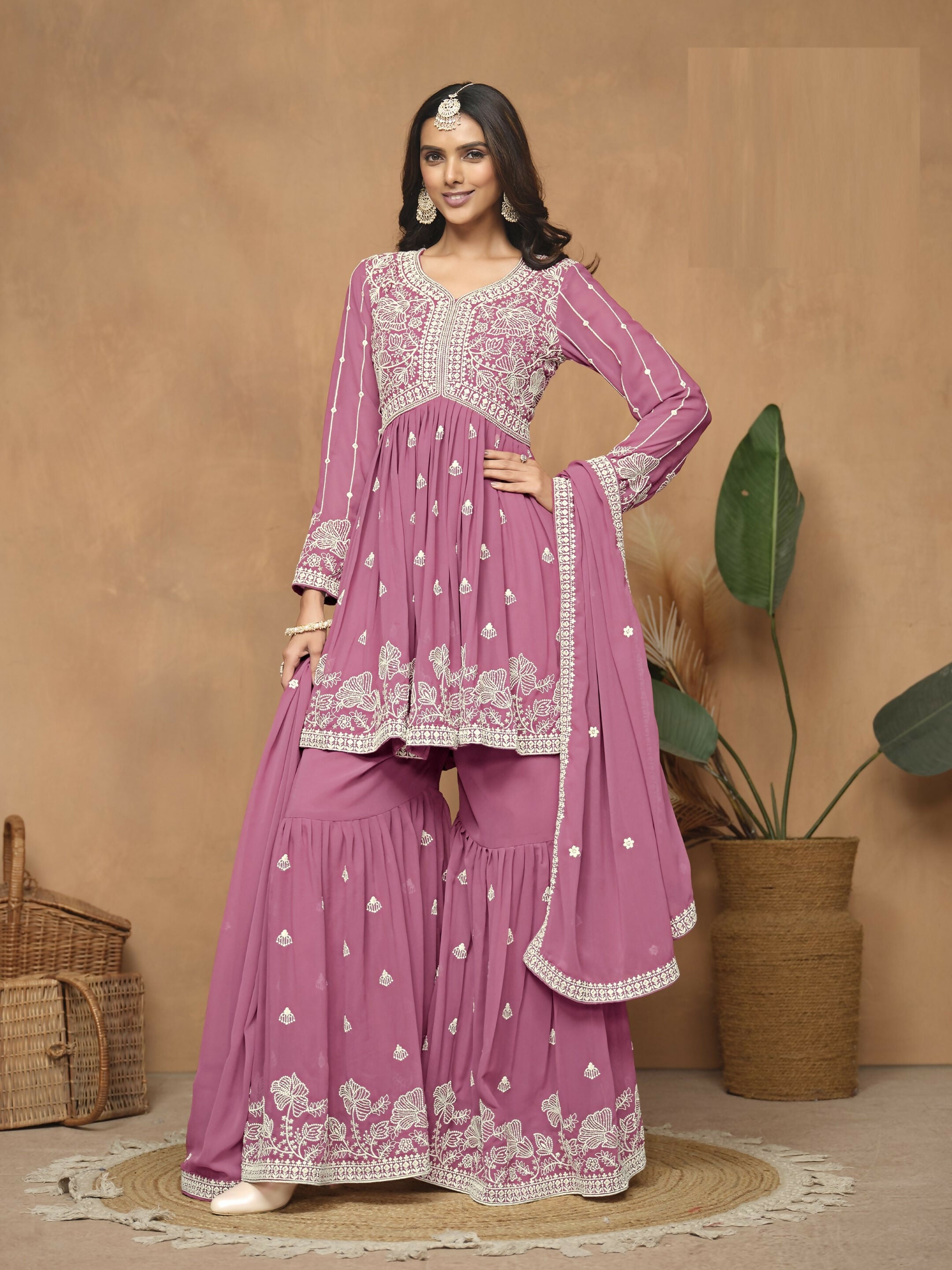 Anaita Pink Embroidered Faux Georgette Sharara Suit - Distacart