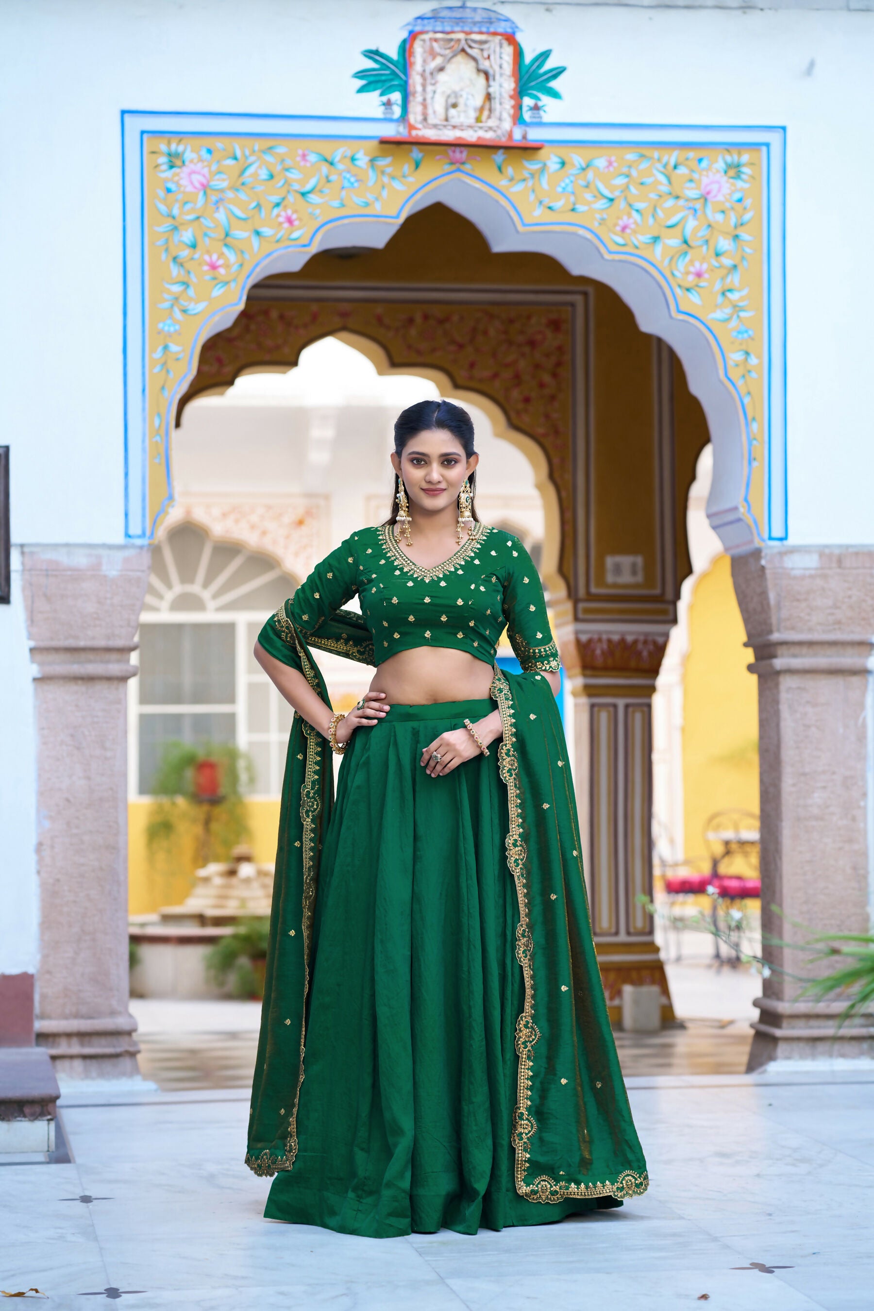 Lorenvalley Fashion Green NC Silk Plain Lehenga Embroidery Work Choli with Dupatta - Dista
