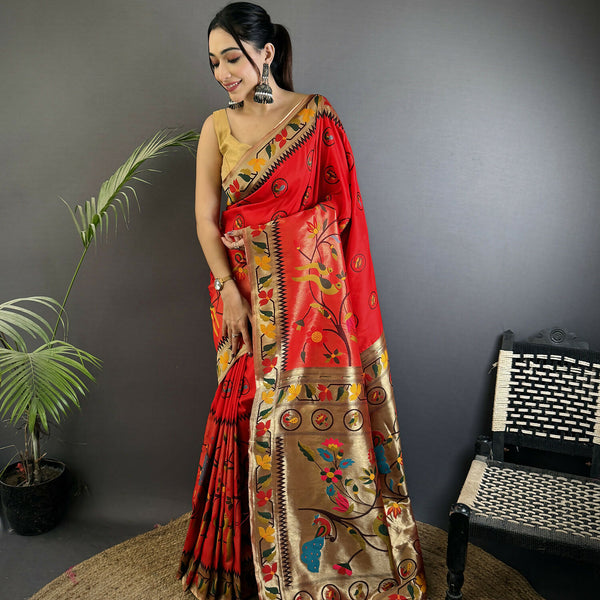 Joban Fashion Red Paithani Soft Silk Meenakari Saree