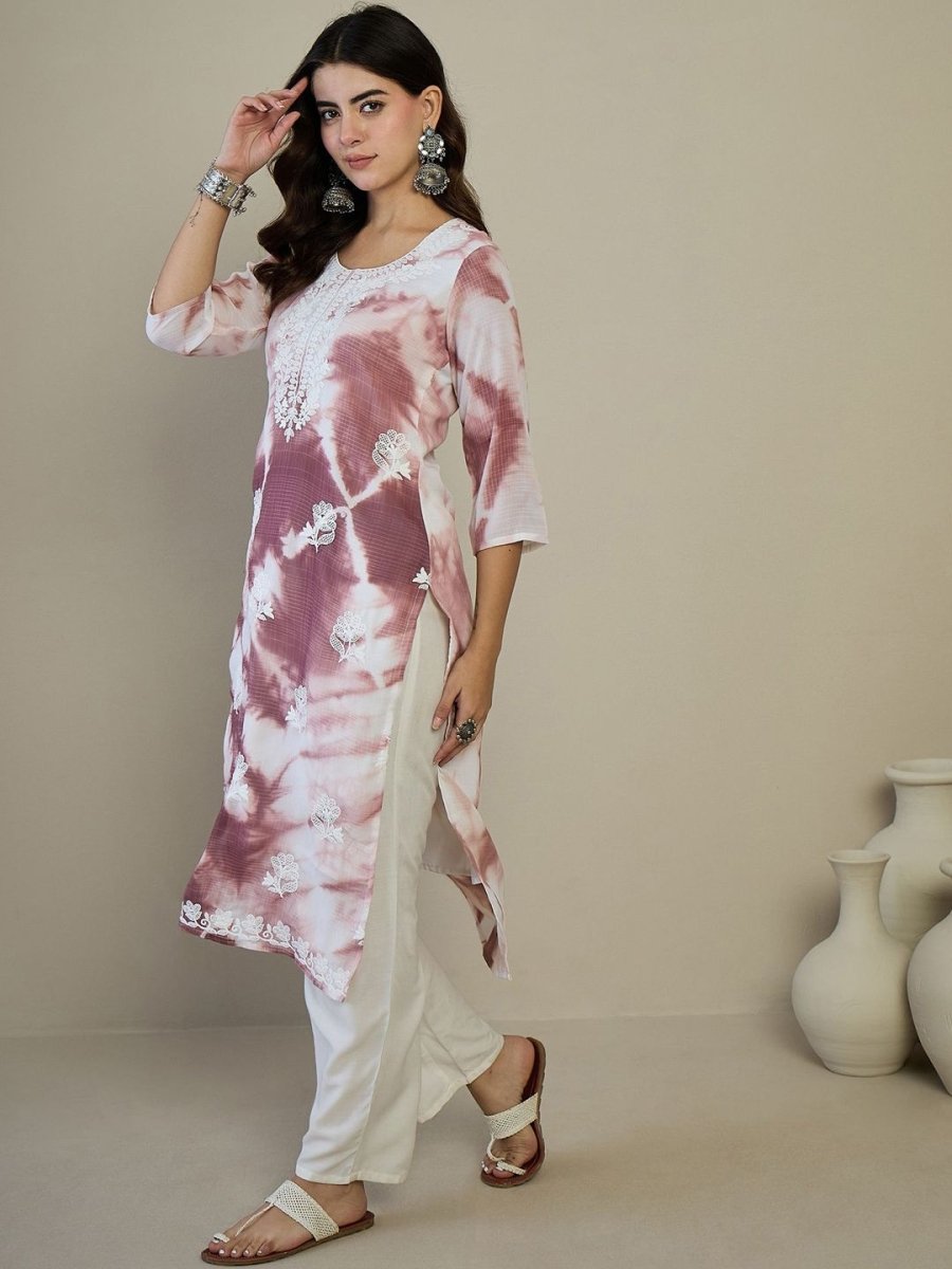 Anouk White & Purple Floral Embroidered Round Neck Straight Kurta - Distacart