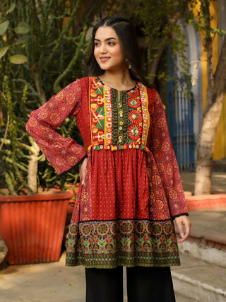 Juniper Rust Ethnic Motif Printed Cotton & Chiffon Peplum Tunic With Thread Embroidery & Tassels - Distacart