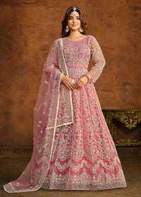 Thumbnail for Pink All Over Embroidered Net Wedding Anarkali Suit - Emponline - Distacart