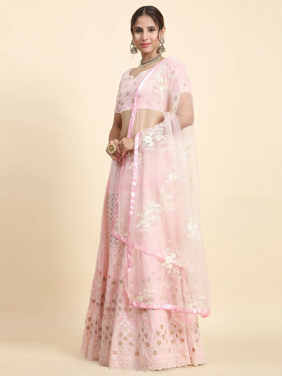 Jyoti Fashion Stunning Baby Pink Faux Georgette 3MM Sequins with Thread & Jari Embroidery Lehenga Choli with Dupatta - Distacart