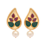 Thumbnail for Nuyug 22K Gold Plated Emarald Stone Studded Contemporary Petal Shaped Pearl Drop Stud Earrings - Distacart